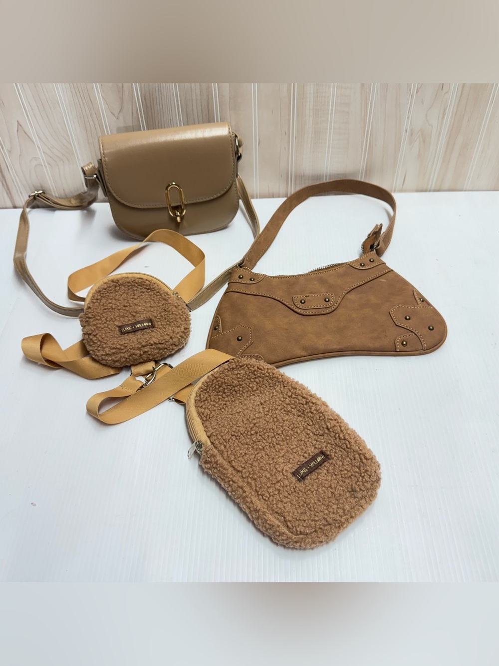 Neutral Tan Mixed-Texture Women’s Crossbody Bag Set
